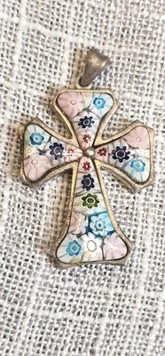 Signed Alan K 925 Sterling Silver Millefiori Pink & White Glass Cross Pendant