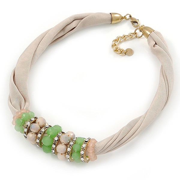 Collar Gargantilla Alambre Tela Beige con Cuentas Verde Claro/Crema y Cristal