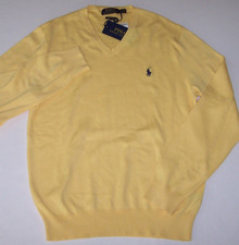 NWT Polo Ralph Lauren FALL YELLOW PIMA COTTON V-Neck Sweater Men's M NAVY Pony