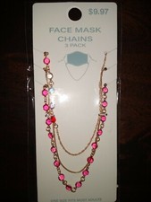Face Mask Chains pack of 3 Beaded Gems Pink, Red, Blue Gold Tone Chains Assorted