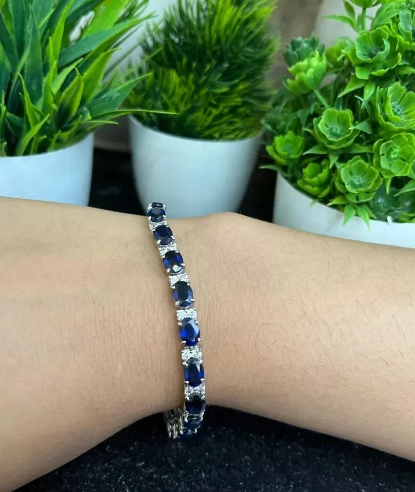 Brazalete tenis diamante zafiro natural corte ovalado 14 quilates oro blanco 14 quilates 7,0 - 7,5" Foto 4 de 4