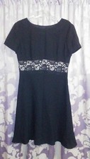 Black Short Sleeve Dress With Beige Lined Lace Inset Waist Woven w/ Side Zipper