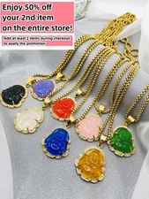 Jade Buddha Pendant Necklace W/ 18K Gold Plated Crystal Charm Hip Hop Chain
