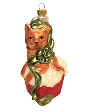 Blown Glass Cat in box w Green Ribbon Christmas Ornament 7" t all