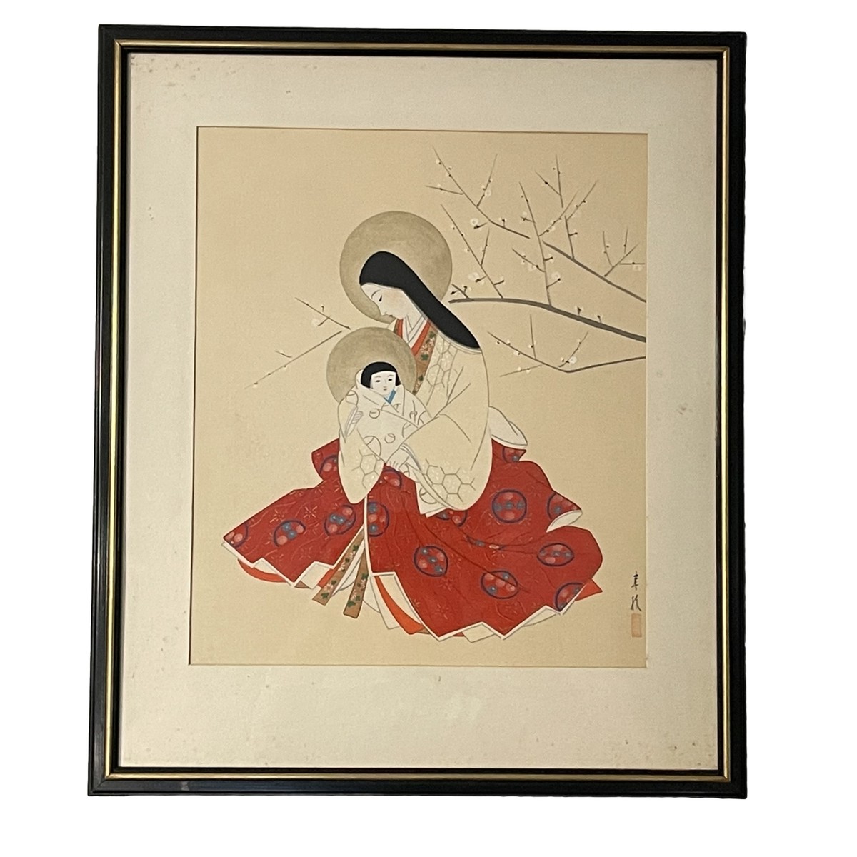 Japanese Madonna and Child Painting On Silk 16.5