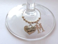 PERSONALISED SILVER PLATED INITIAL HEART WINE GLASS CHARMS WEDDING FAMILY 