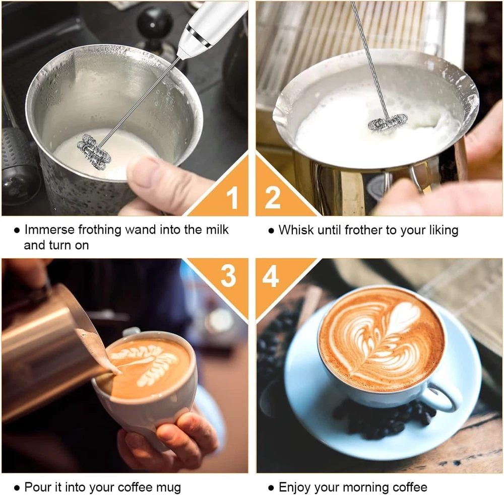 Milk Frother Handheld Rechargeable Coffee Frother - Frother Wand with 2 Heads, E