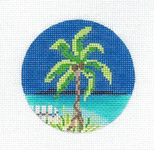 Handpainted Tropical Palm Tree on Beach 3" 18mesh Needlepoint Canvas Kelly Clark