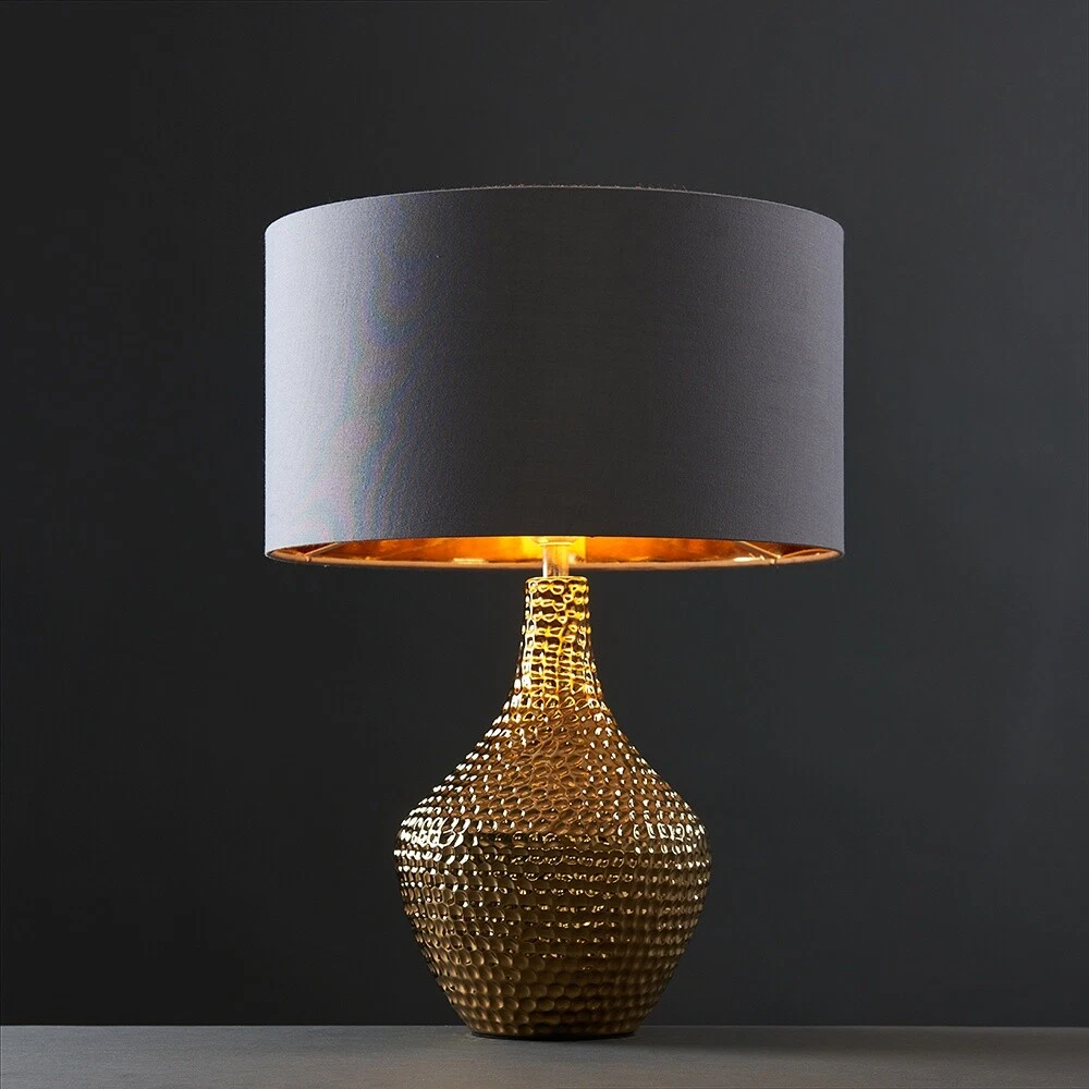 Gold Hammered LED Table Lamp Large Living Room Lounge Light Fabric Shade Bulb