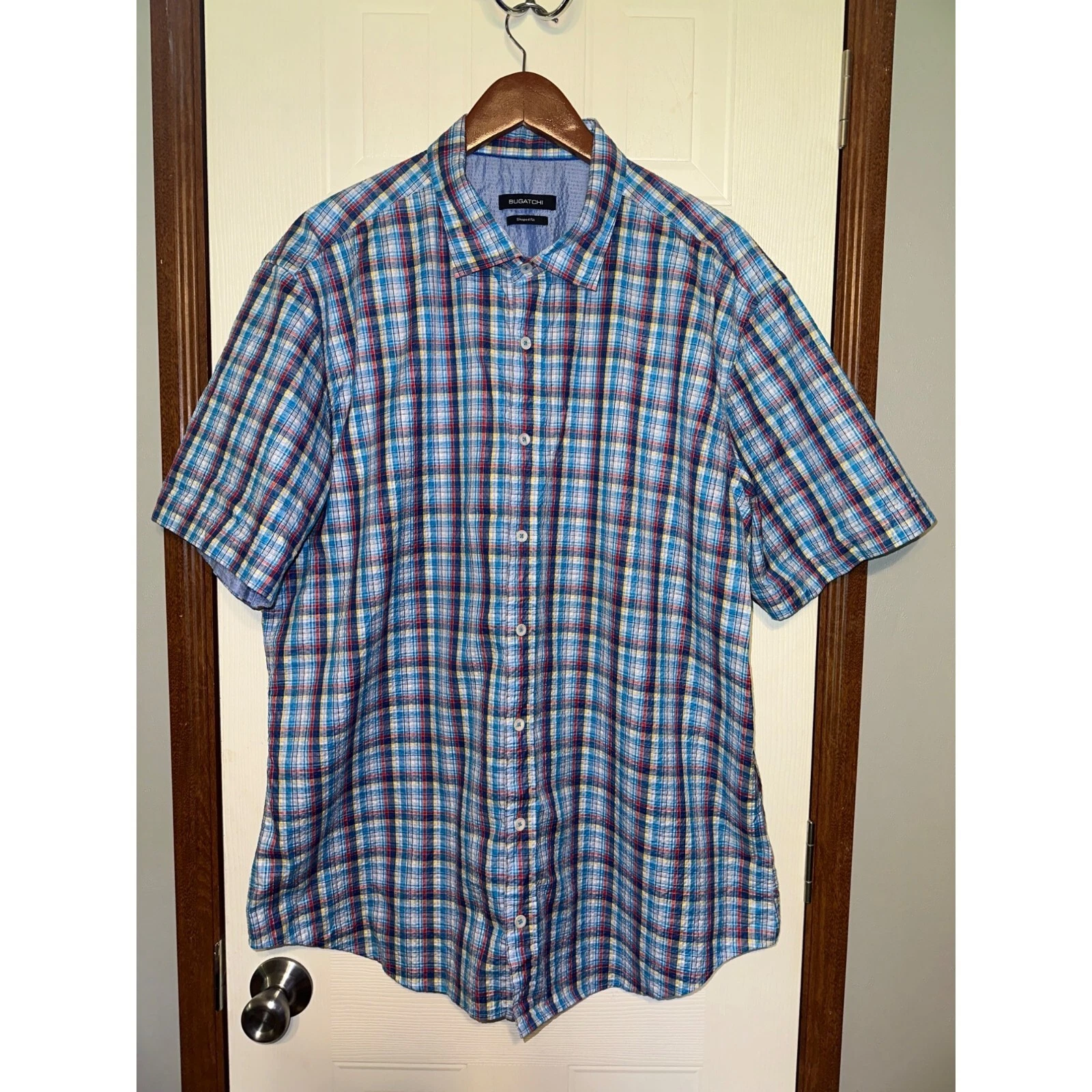 BUGATCHI Shaped Fit Button Up Short Sleeve Plaid Shirt Size Large