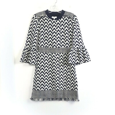 Harlyn Anthro knit dress 3/4 flutter sleeve blue cream S geometric print  classy | eBay