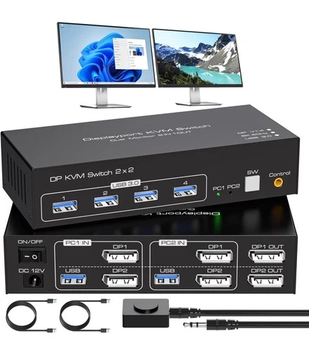 KVM Switch DisplayPort Dual Monitor 2 Port Displayport 1.4 Switch 2 Computers 2