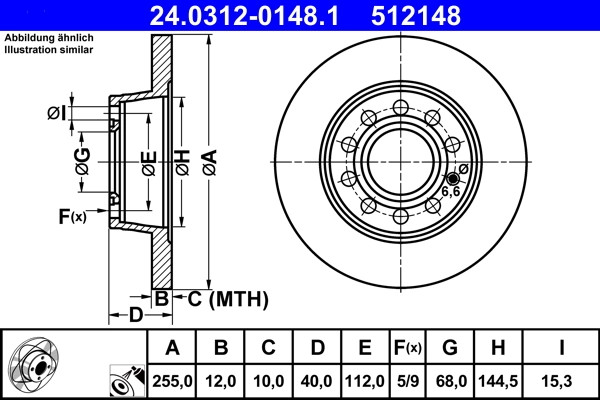 Disque de frein ATE 24.0312-0148.1 pour essieu arriere de berline allemande