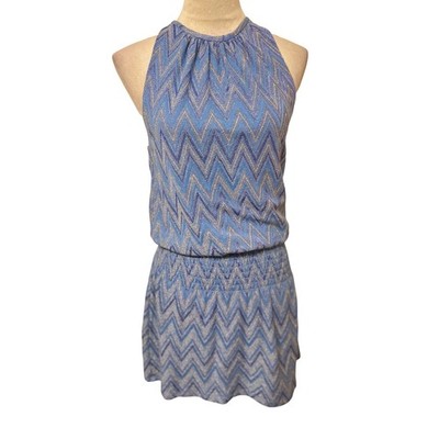 Ramy Brook Chevron Halter Dress Blue Shimmer Design Size Small