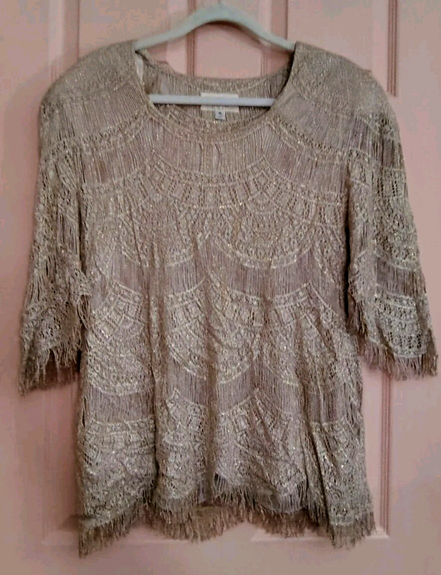 CACHE Gold Medium Polyester Blend Short Sleeve Bl… - image 1