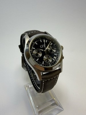 GFF Herren-Chronograph Edelstahl 36,5mm Schwarzes Zifferblatt Lederarmband