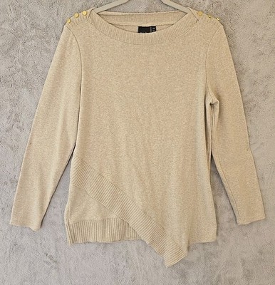 Rafaella Womens L Ribbed V Neck Long Sleeve Tan Asymmetrical Pullover Sweater