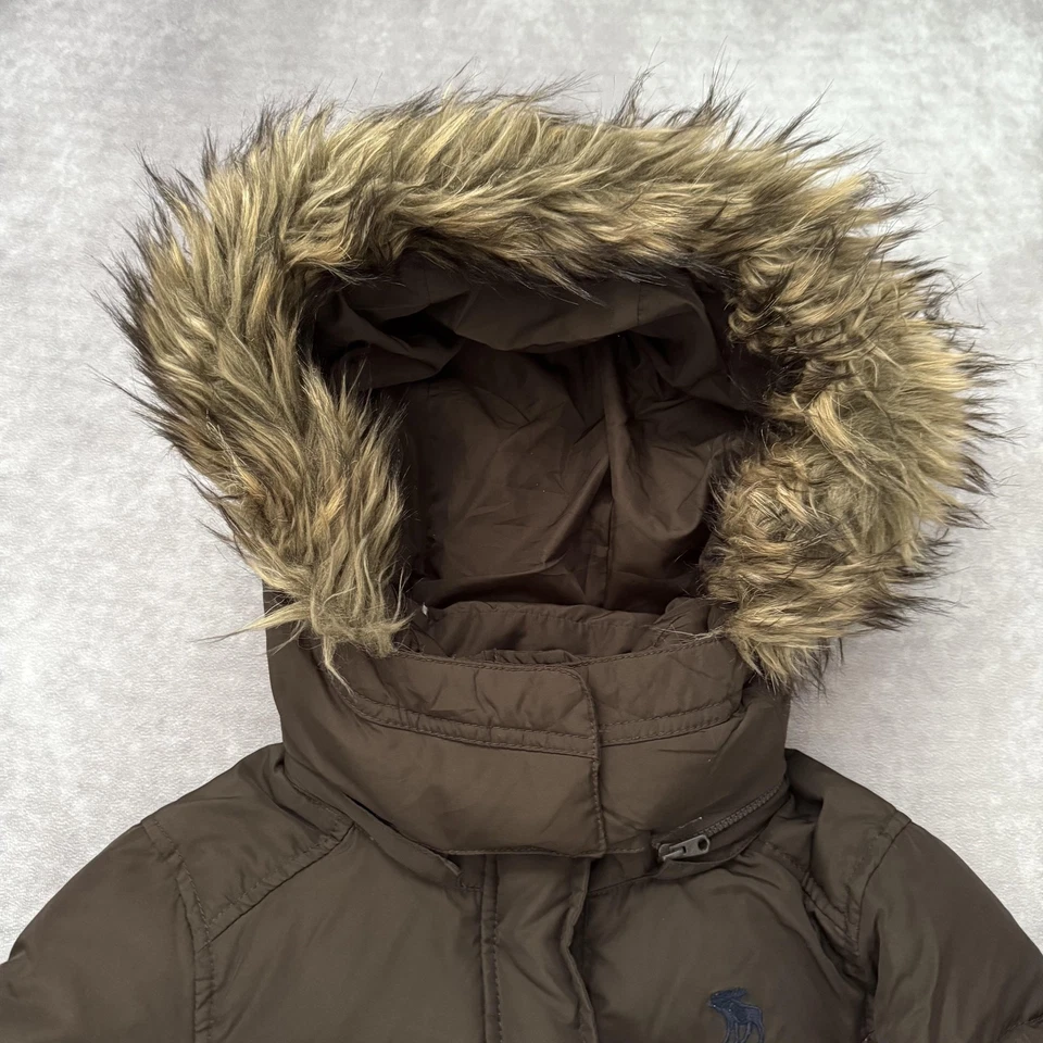 Vintage Abercrombie Jacket Youth M Brown Puffer Faux Fur Hood Zip Parka Coat - Image 2 of 4