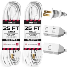25 Ft White Extension Cord 2 Pack - 16/2 Durable Electrical Cable