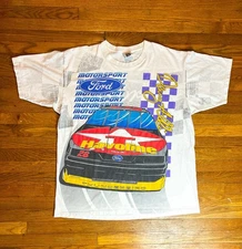 Vintage 90s All Over Print Car Racing T-Shirt Ford Motorsport Havoline XL Lee