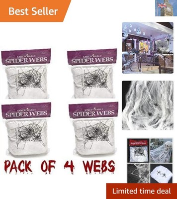 Halloween Spinnennetze 4er Pack weiß mit 8 Kunststoffspinnen | gruselige Party Deko