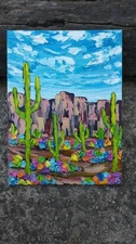 Original 6x8" Oil Painting Textured Desert Cactus Flower Super Bloom Mountains