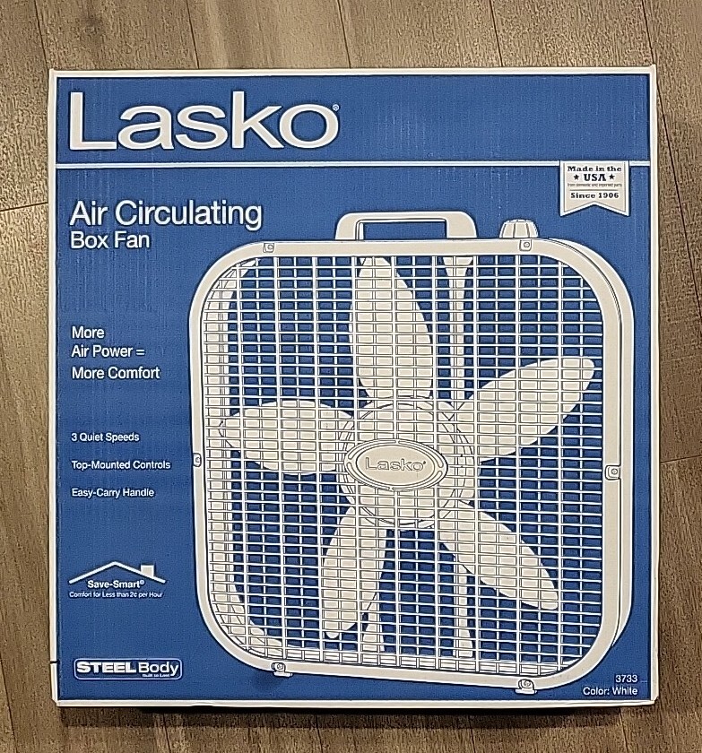 Lasko Air Circulating Box Fan, 3 Quiet Speeds , 3733, Blanco