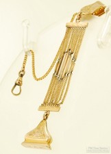 4" Hayward YGF multi-strand ribbon-style pocket watch chain, engraved stamp fob