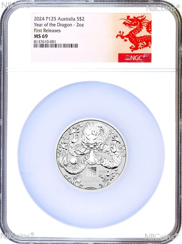 2024 P Australia Silver Lunar Year of the Dragon 2oz $2 Coin NGC MS69 FR Series3