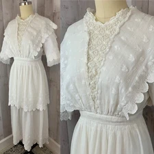 1900s-Antique White Edwardian Lawn Dress Vintage Gown Tiered Cotton Jr~Rare Cond