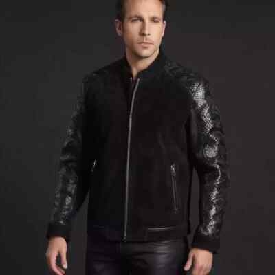 Men Black Suede Python Snake Texture Leather Motorcycle Jacket Fashion Jacket
