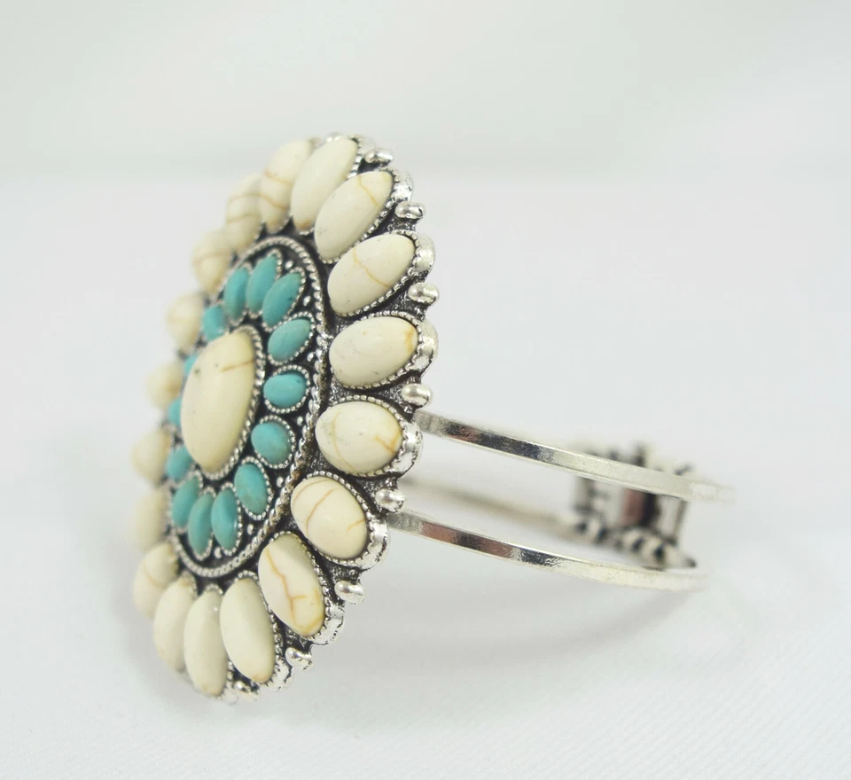 Brazalete Turquesa Flor de Calabaza Boho Southwestern - Estilo Brazalete Western Foto 3 de 4