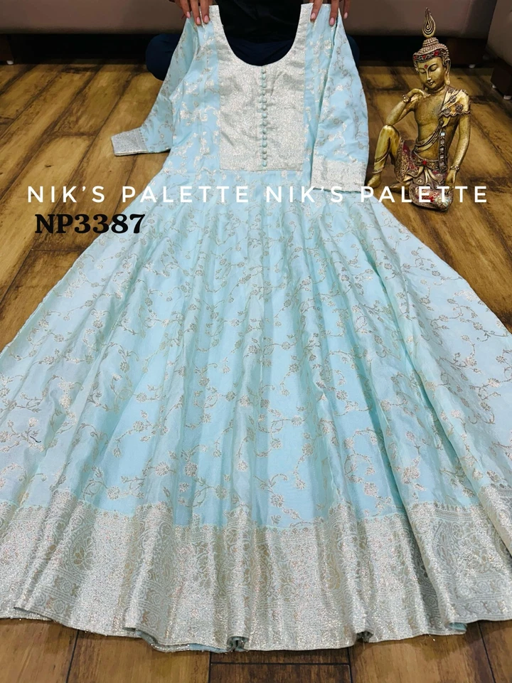 Premium Banarsi jacquard gown with self weaving all over with work on yoke paire - Image 4 of 4