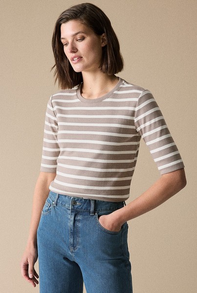 TRENERY PURE AUSTRALIAN COTTON STRIPE HALF SLEEVE Tee in BROWN & WHITE AU6 VGC