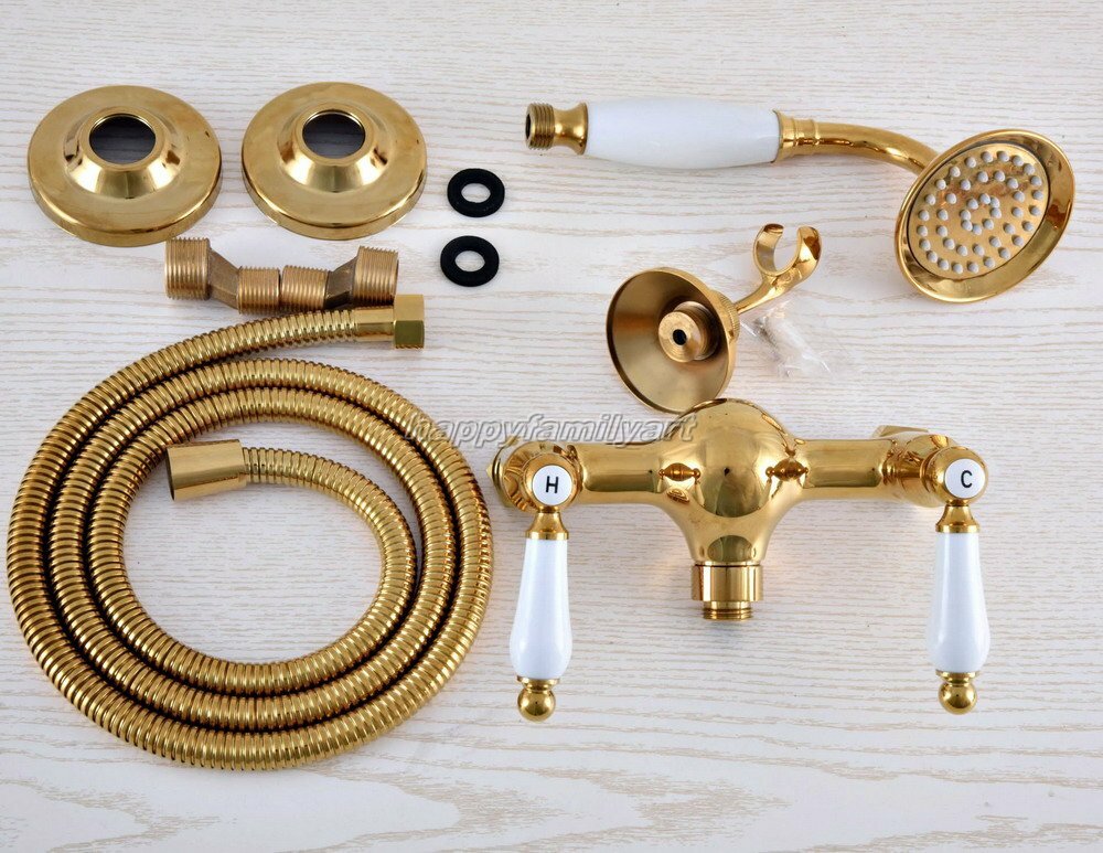 Gold Color Brass Bathroom Hand Held Shower Faucet Set Bath Mixer Taps