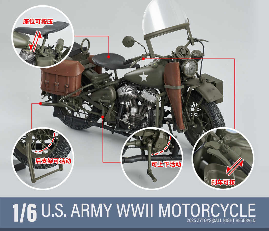 ZYTOYS ZY8038 1/6 WWII US Military Motorcycle With Bag for 12in