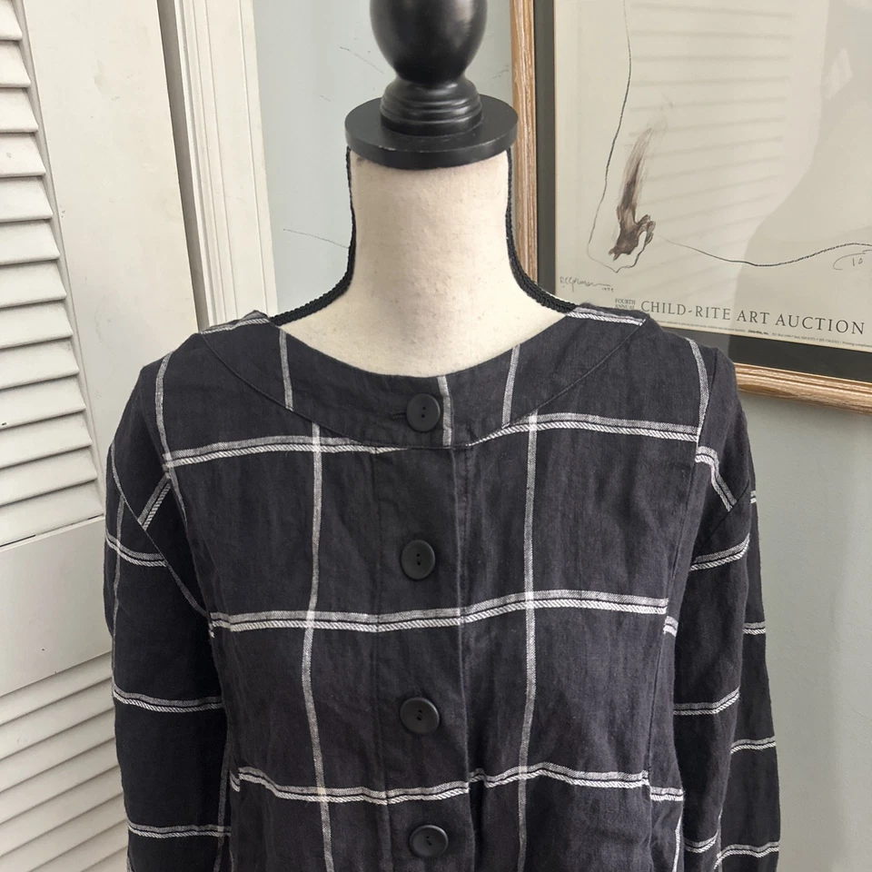 FLAX Jacket Womens Medium Black Window Pane Plaid Linen Cropped Boxy Lagenlook - Image 3 of 4