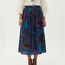 F. Shay Vintage 60's 70's Blue Purple Midi Length Elastic Waist Skirt, Size 8