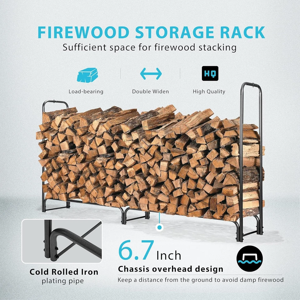 VIVOHOME 8Ft Heavy Duty Indoor Outdoor Firewood Storage Log Rack with Cover Comb - Image 3 of 4