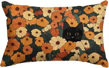 Fall Floral Black Cat Throw Pillow Cover, 12 X 20 Inch Autumn Flower Cushion Cas