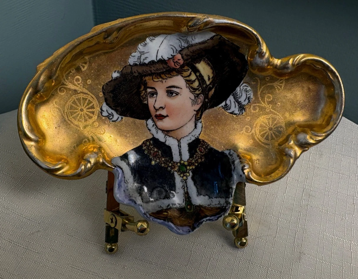 Antique Porcelain Painted Woman Portrait Gilt 5 in Butter Pat Trinket Dish