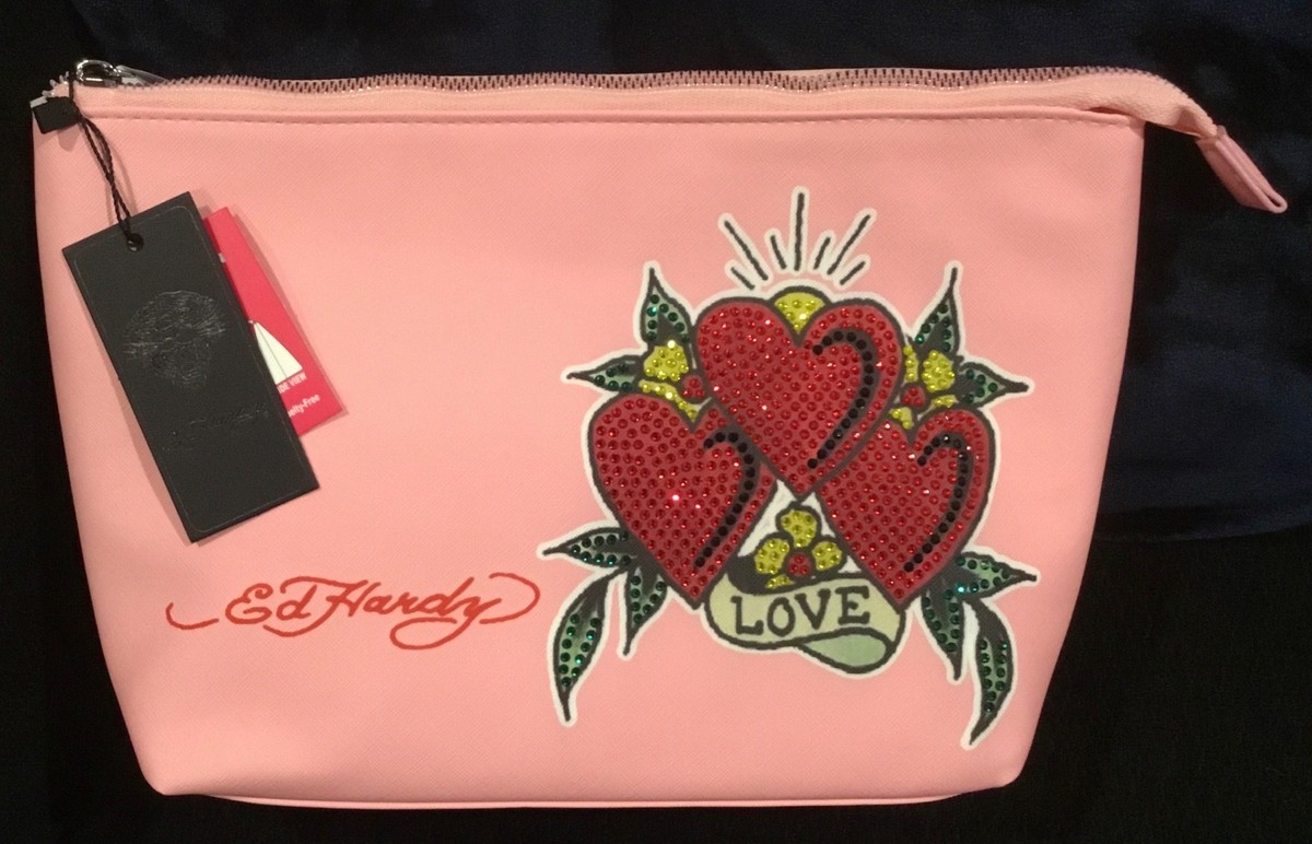 ED HARDY Love Rhinestones Makeup Cosmetics Toiletry Clutch 