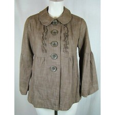 Love Stitch Womens Jacket Brown Heathered Balloon Sleeve Buttons Ruffle Trim M