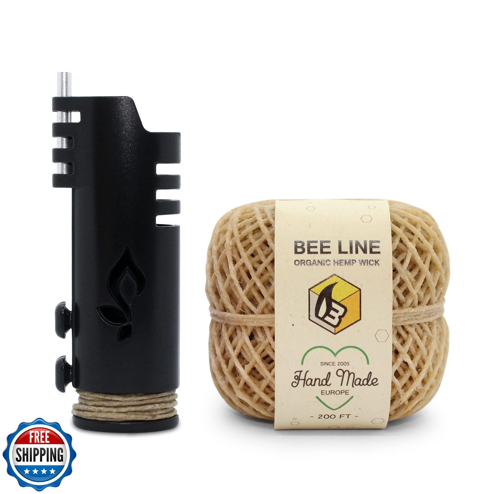 Hemp Wick Bundle Pack: 200 FT Beeline Roll + 1 Hemplights Wick Lighter (Black