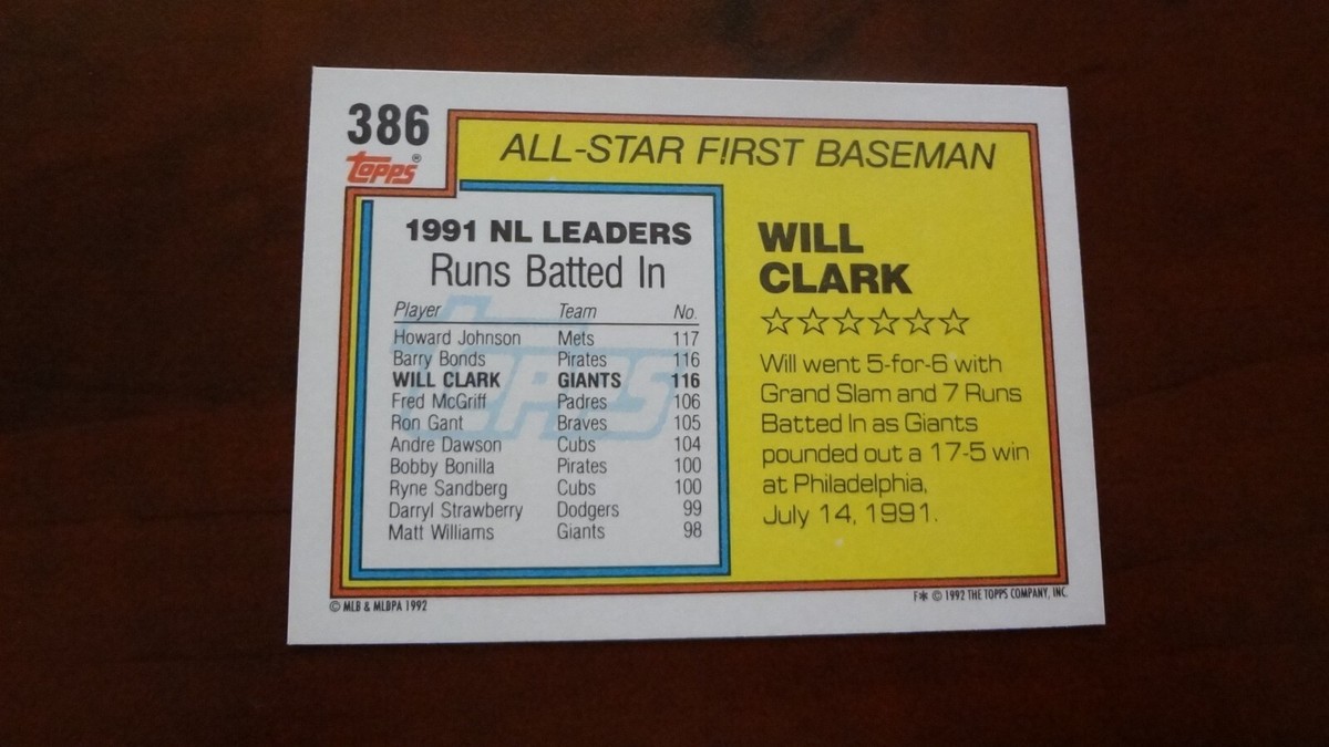 1992 TOPPS # 386 1991 ALL STAR WILL CLARK BASEBALL CARD | eBay
