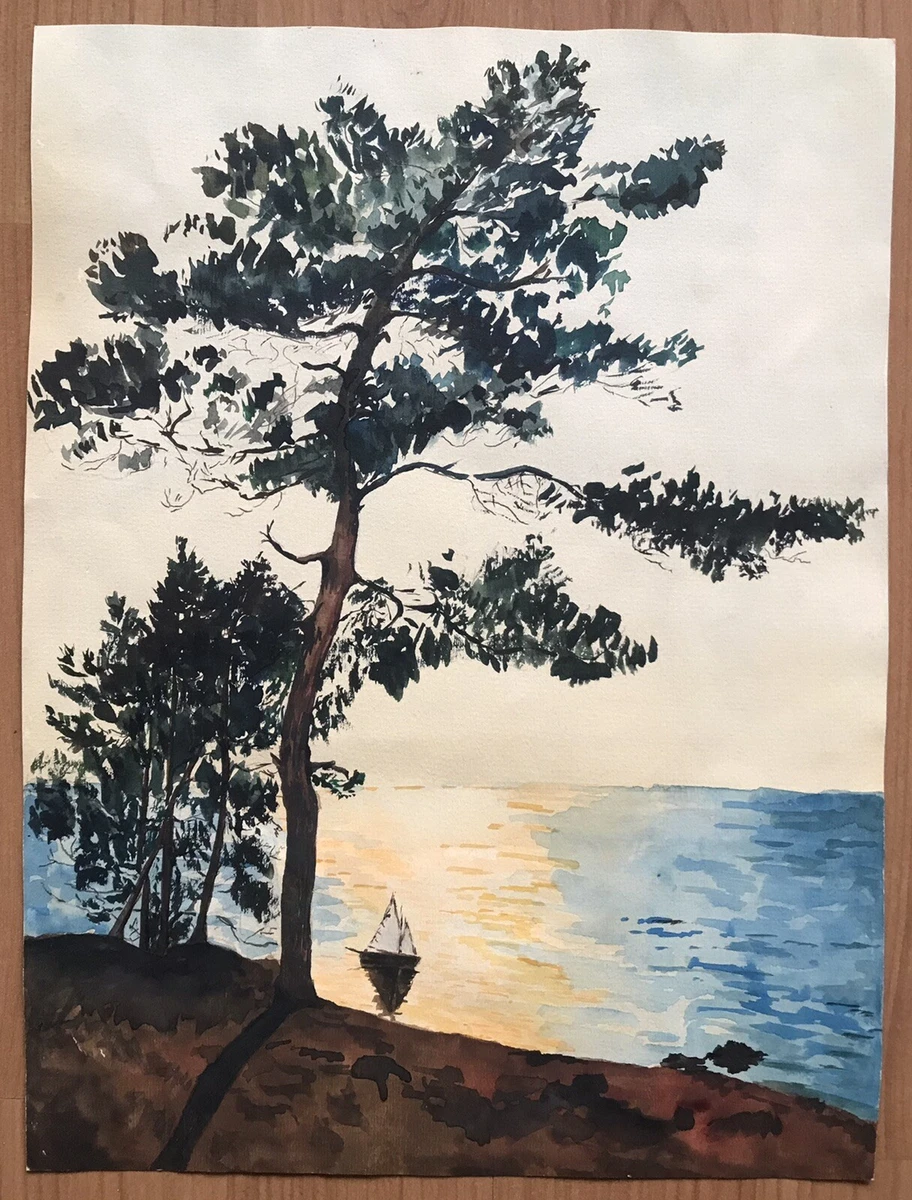 Aquarelle Originale 19ème - Figurines & Bateaux, Scène De Littoral (Pays De Galles ?)