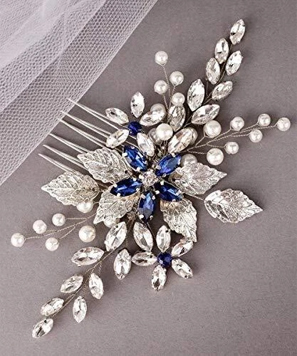 Aimimier Bridal Sapphire Crystal Hair Comb Pearl Blue Crystal Leaf Marquise - Image 4 of 4