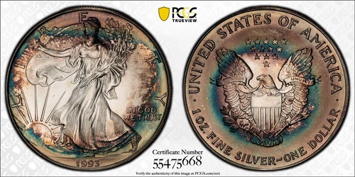 MS67 1993 $1 ASE Silver Eagle Dollar, PCGS Trueview- Nicely Target Toned