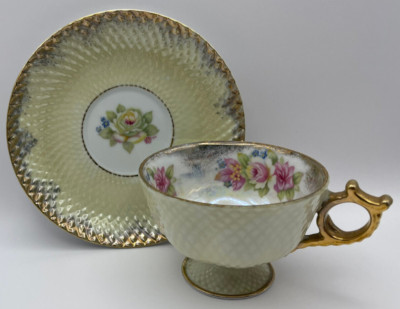Vintage NORCREST ROSE Footed TEACUP & SAUCER Iridescent Lusterware LONDON CANADA