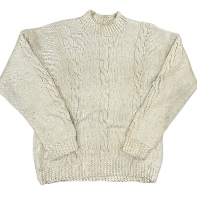 Vintage Wool Aran Hand Knit Jumper Round Neck Fisherman Sweater